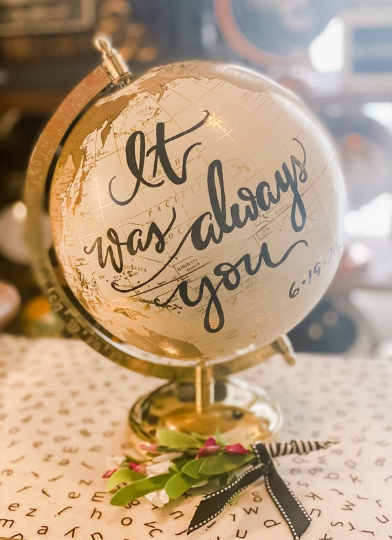 Custom Wedding Guestbook Globe / White and Gold Calligraphy Wedding Guestbook Globe w/SHADED CONTINENTS / Guestbook