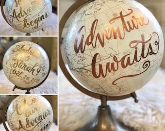 Custom Calligraphy Globe / White and Gold Calligraphy Globe / Rose Gold or other ink color / You Choose Custom Wording