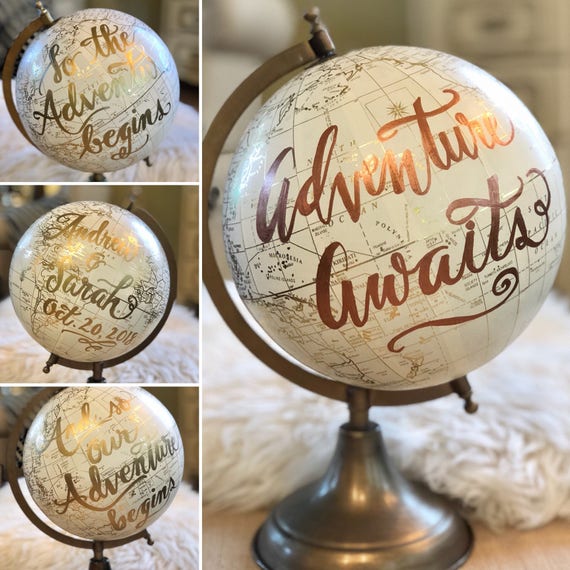 Custom Calligraphy Globe / White and Gold Calligraphy Globe / Rose Gold or other ink color / You Choose Custom Wording