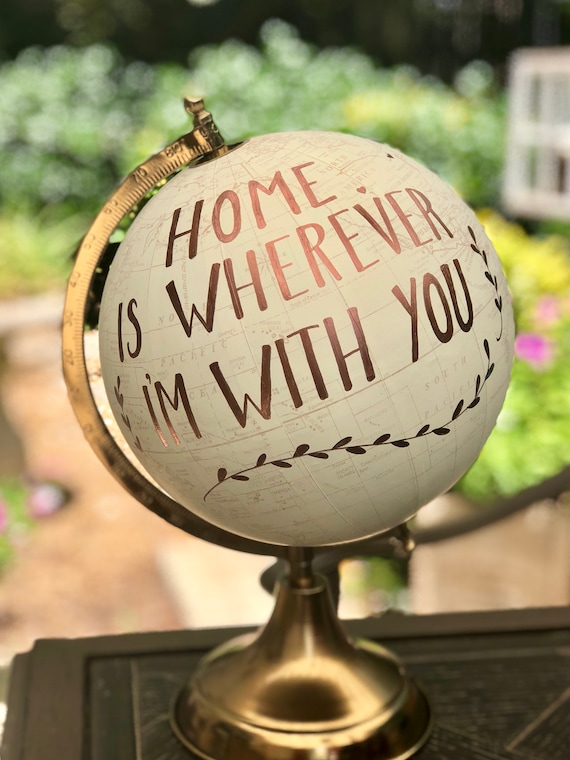 Wedding Guest Book Globe/WHITE WASHED w/Gold, Rose Gold or other color ink / custom calligraphy - Home is Wherever You Are / Other Wording