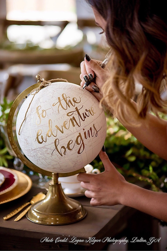 Custom Wedding Guestbook Calligraphy Globe / Choose Wording / Globe Finish in White and Gold Globe or Whitewashed  / Wedding Guestbook globe