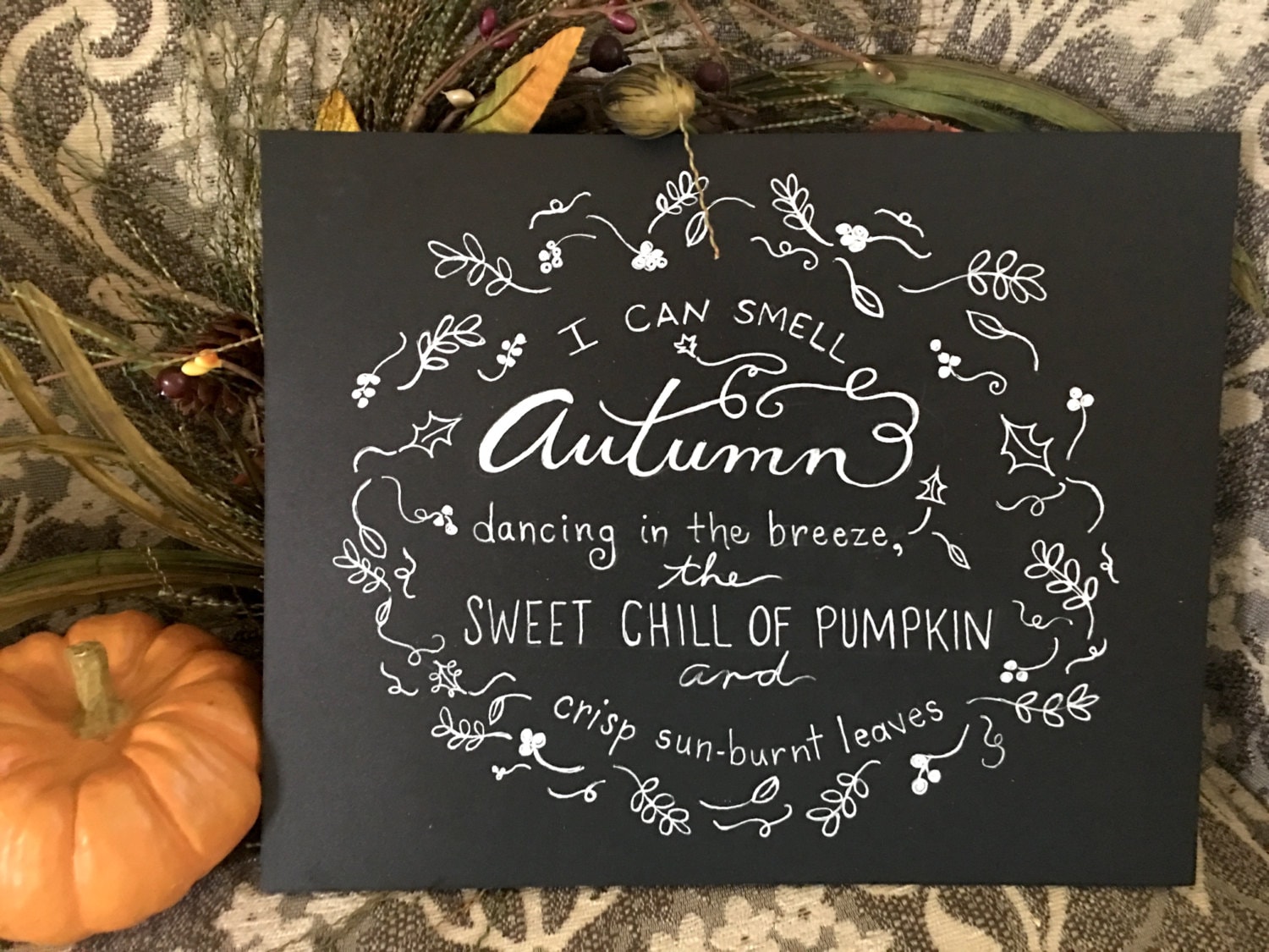 Autumn Dancing In the Breeze Custom Calligraphy Heavyweight Chalkboard  Paper Art Print / White Chalk Pen / Custom Made / Frame Available