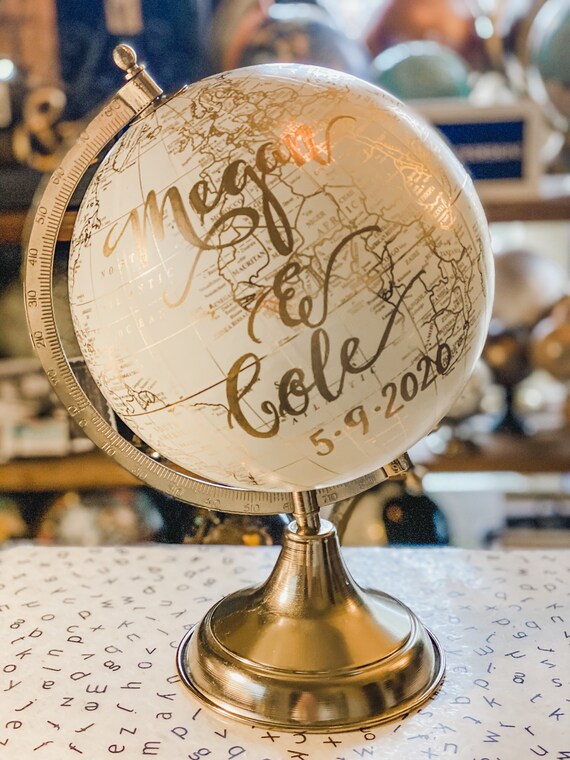 Custom Wedding Guestbook Calligraphy Globe / Choose Wording / Globe Finish in White and Gold Globe or Whitewashed  / Wedding Guestbook globe