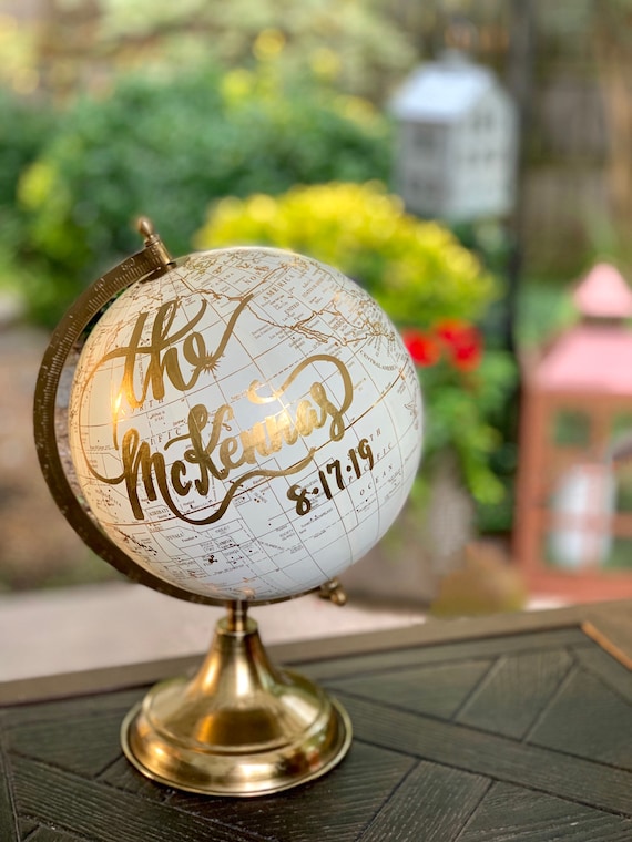 Custom Wedding Guestbook Calligraphy Globe / Choose Wording / Globe in White and Gold Globe or Whitewashed  / Wedding Guestbook/Nursery