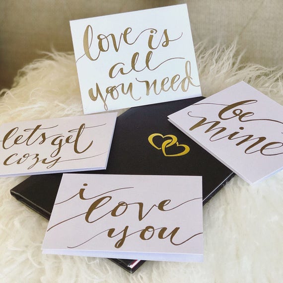 VALENTINE CALLIGRAPHY Note Cards / Can be personalized with Message inside / also just a treat to give anytime to someone special