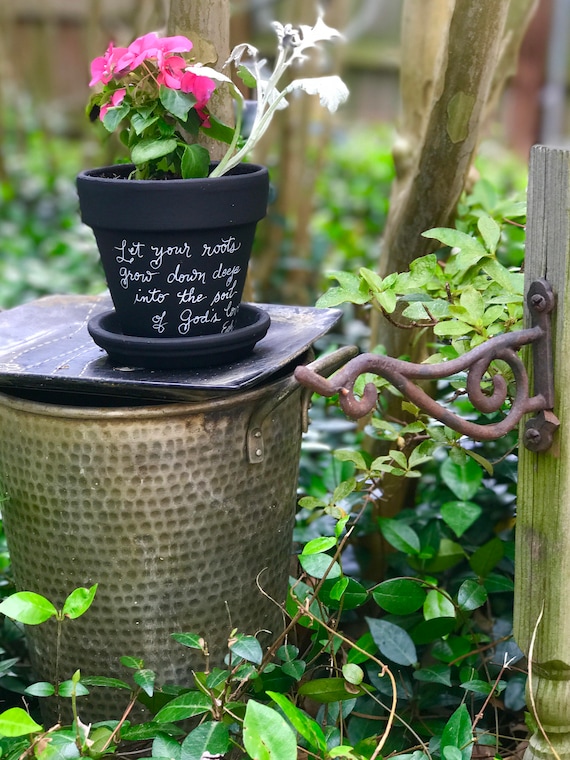 Chalkboard Painted Handwritten Ceramic Flower Pot/Saucer - "Let Your Roots Grow Down Deep Into the Soil of God's Love - Ephesians 3:17"