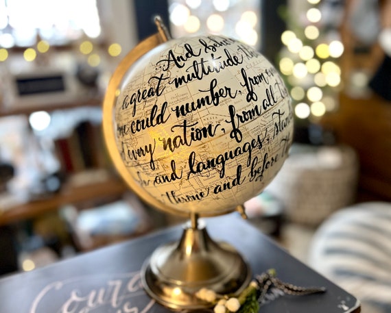 Scripture Globe/Custom Calligraphy-Full scripture quote globe / long scripture/quote Globe / White and Gold globe OR Whitewashed Globe