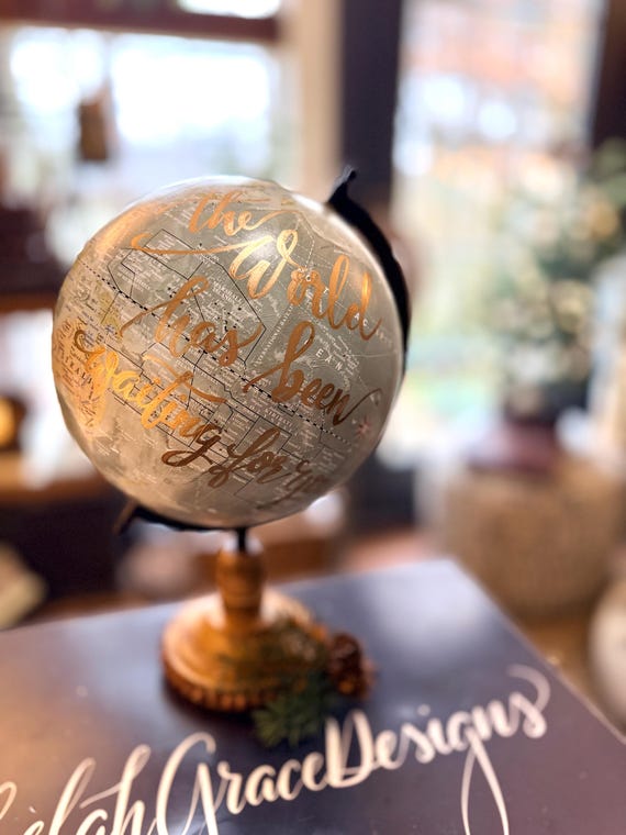 Custom Calligraphy Globe: Vintage Style Blue Green with Wood Stand
