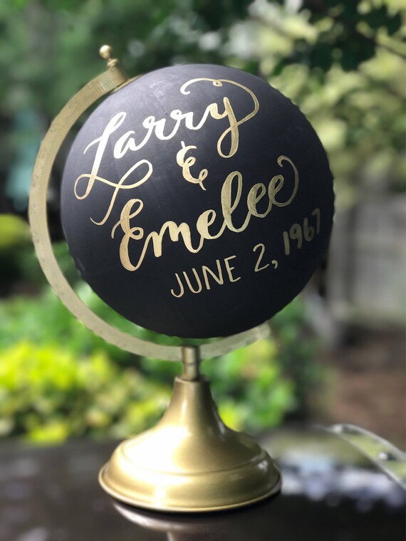 Wedding Guestbook Calligraphy Globe / Black Chalkpainted Globe / Gold Calligraphy Globe / Choose Wording / Wedding Guest Book Globe /Nursery