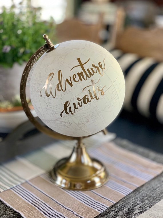 Wedding Guest Book Globe/WHITE WASHED w/Gold, Rose Gold or other color ink / custom calligraphy - Adventure Awaits