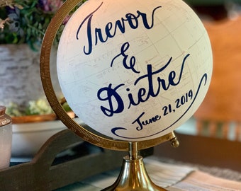 Custom Wedding Guestbook Calligraphy Globe / Choose Wording / White and Gold Globe or Whitewashed Options / Wedding Guestbook/Nursery Globe