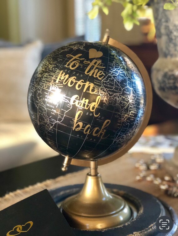 Custom Calligraphy Wedding Guestbook Black Globe / silver base / silver countries - Choose Wording - Custom  / Wedding Guestbook Globe