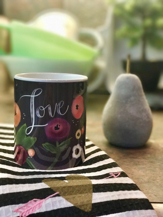 Chalkboard Inspired Floral LOVE Mug / Original Watercolor Design / 11 Ounce Mug