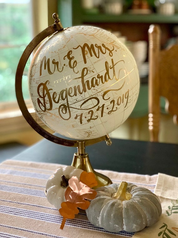 Custom Calligraphy Globe / Your Choice of Wording / Globe Finish in White and Gold Globe or Whitewashed Options / Wedding Guestbook/Nursery