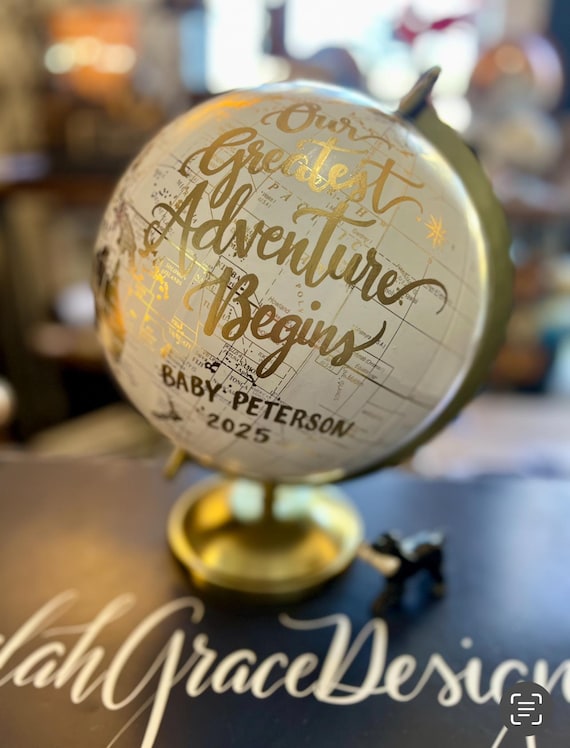 Custom Wedding Guestbook Calligraphy Globe / Choose Wording / White and Gold Globe with gold continents  / Wedding Guestbook globe