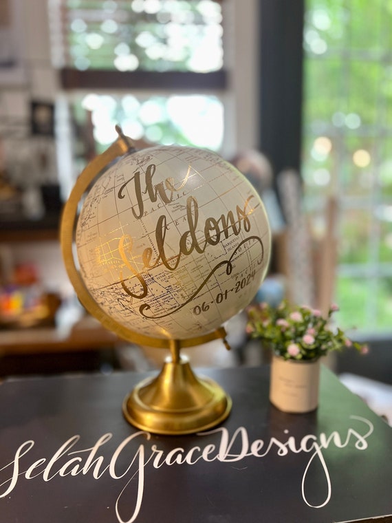 Custom Calligraphy Wedding Guestbook Globe / Choose Wording / White and Gold Globe /Whitewashed Options / Wedding Guestbook Nursery Globe