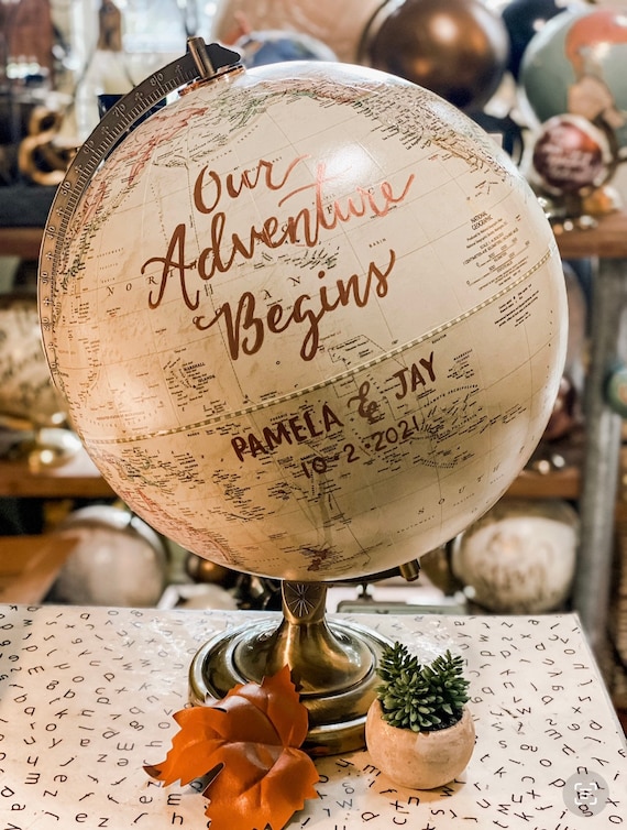 LARGE Guest Book Globe - 12 Inch Antique White/Cream World Wedding Globe Custom Calligraphy / Wedding Guest Globe, Guestbook Globe