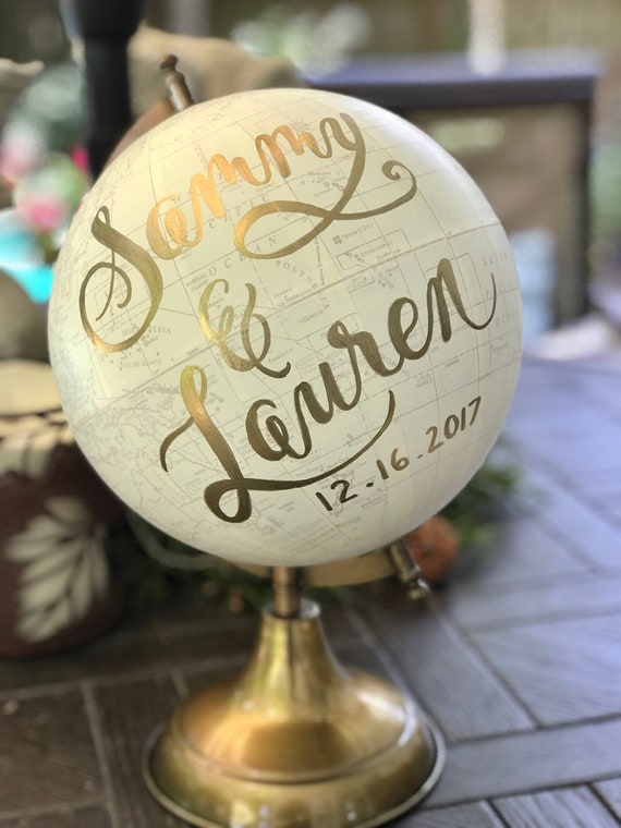 Wedding Guest Book Globe/WHITE WASHED w/Gold, Rose Gold or other color ink / custom calligraphy - Great for weddings or baby's nursery