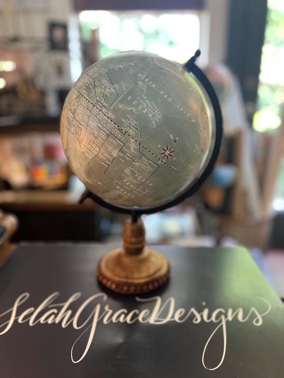 Custom Calligraphy Globe: Vintage Style Blue Green with Wood Stand