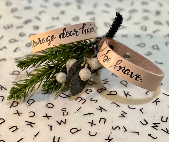 Custom hand lettered leather strap bracelets - choice of special word/name or short quote/scripture - Perfect Christmas stocking stuffers