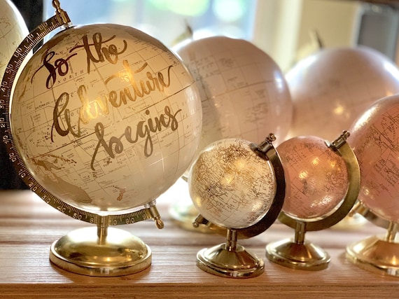 Custom White and Gold Calligraphy Wedding Guestbook Globe w/shaded continents / Choose Wording /  Ink Color Options / Wedding Guest Globe