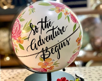 White Floral Printed Globe w/black stand - Custom Calligraphy Globe / Perfect for a Little Girls' Room or Baby Girl Shower Gift/Decor / BOHO