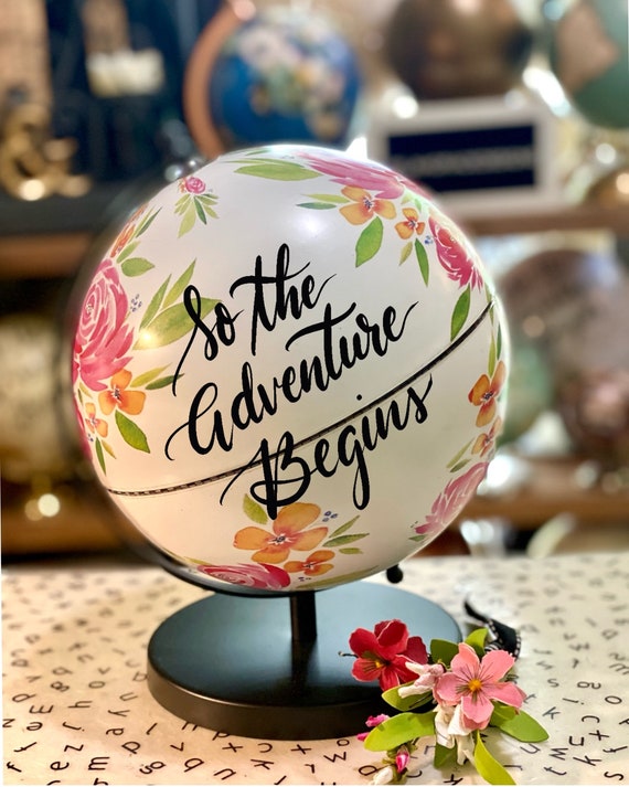 White Floral Printed Globe w/black stand - Custom Calligraphy Globe / Perfect for a Little Girls' Room or Baby Girl Shower Gift/Decor / BOHO