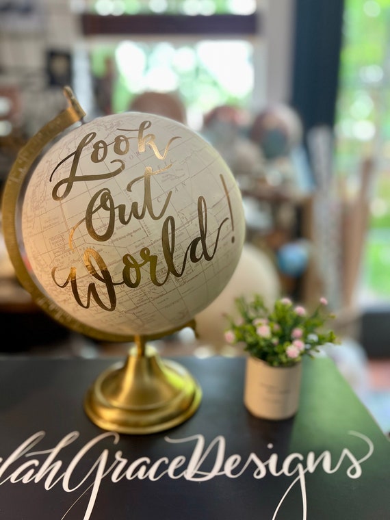 Custom Calligraphy GRADUATION Guestbook Globe / Choose Wording / White and Gold Globe /Whitewashed Options / Wedding Guestbook Nursery Globe