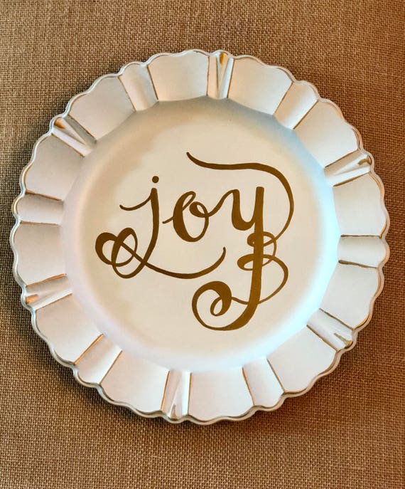 JOY Handlettered Resin Cream/Distressed-look Scalloped tray/plate/charger with Gold Metallic trim and custom Lettering