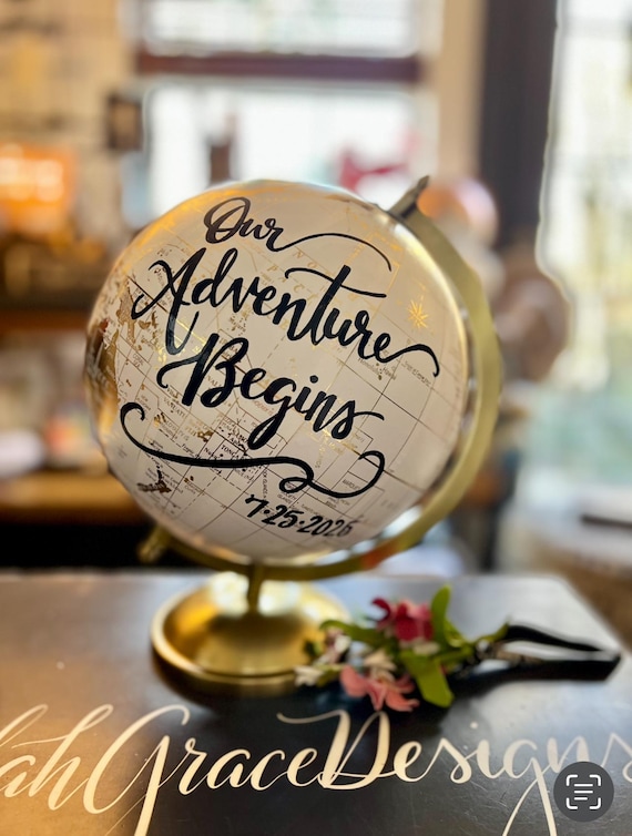 Custom Wedding Guestbook Calligraphy Globe / Choose Wording / White and Gold Globe with gold continents  / Wedding Guestbook globe