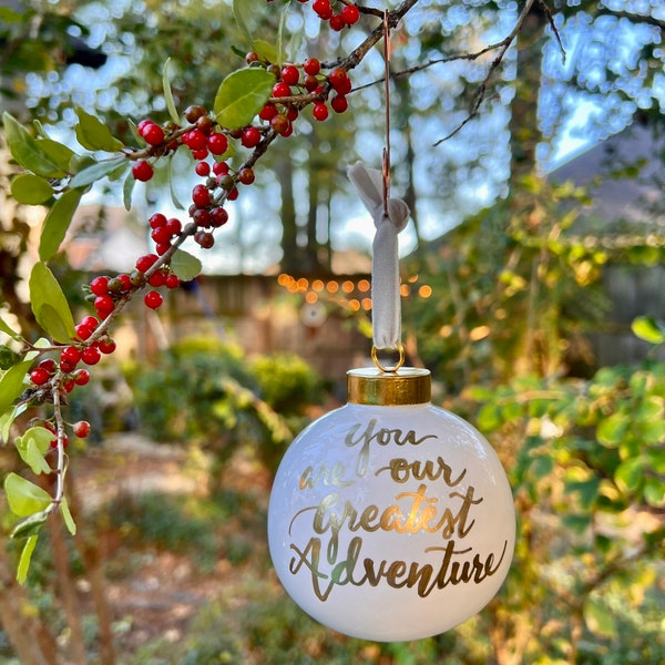 Custom Ornament - Hand Lettered GLAZED CERAMIC Calligraphy Christmas Ornaments - Customize w/names/date/short saying- Perfect for Christmas