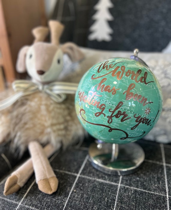 The World Has Been Waiting for You saying on Mint/Turquoise Globe/Travel Theme Nursery/ Baby Shower