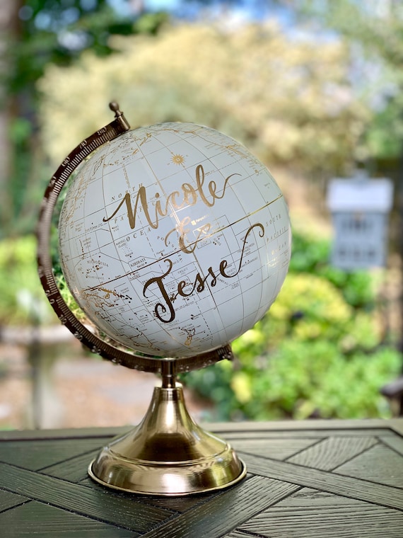 Custom Calligraphy Wedding Guestbook Globe / Choose Wording / White and Gold Globe or Whitewashed Options / Wedding Guestbook/Nursery Globe