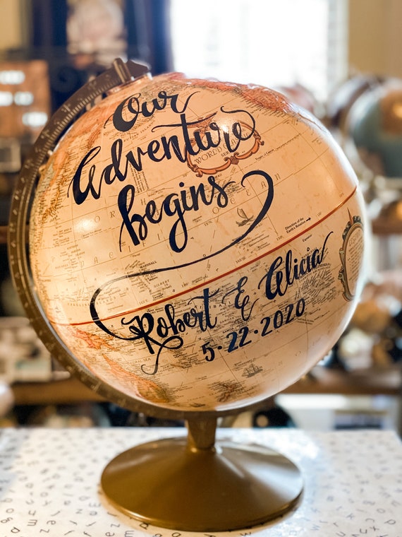 12 Inch Beige/Cream Wedding Guestbook Globe w/Gold Stand / Custom Calligraphy / Wedding Guest Globe, Accurate Globe