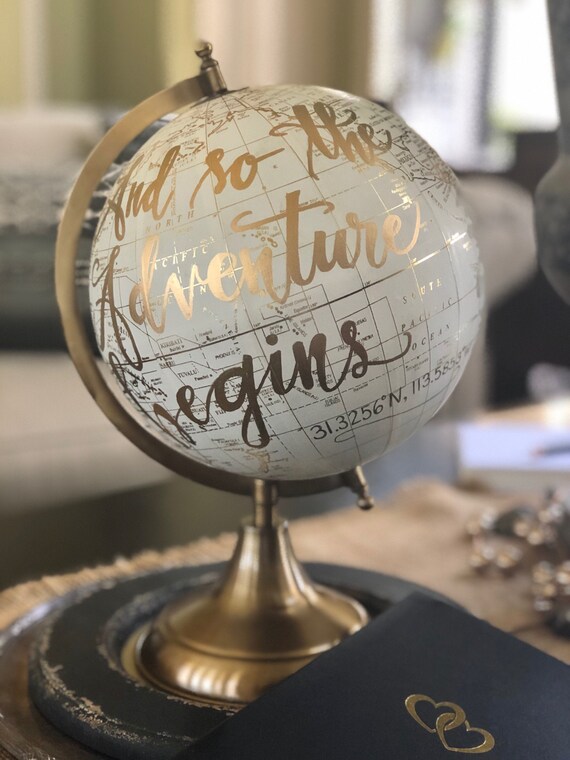 Custom Calligraphy Wedding Guestbook Globe w/GEOGRAPHIC COORDINATES to memorialize your wedding destination/location / Guestbook Globe