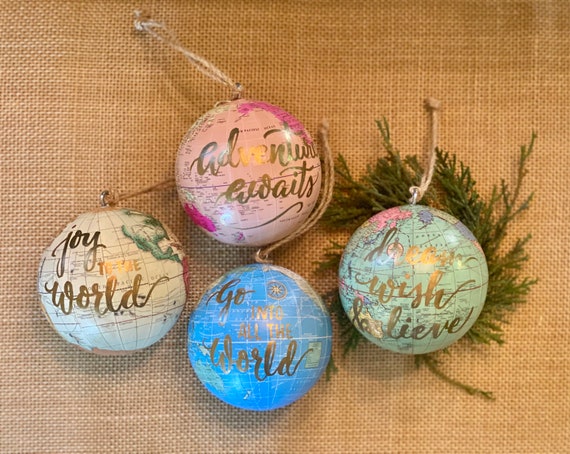 World globe Christmas Ornaments - Customized w/names/saying - Perfect for Christmas gift giving - Choose ornament color