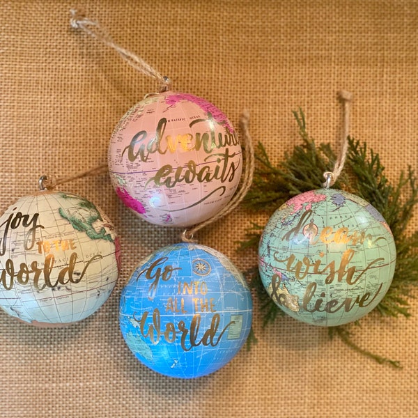 World globe Christmas Ornaments - Customized w/names/saying - Perfect for Christmas gift giving - Choose ornament color