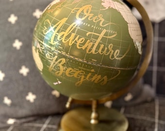 Calligraphy Wedding Guestbook Globe: Green, Beige and Gold Globe; Wedding Guestbook, Showers or Graduation Gift