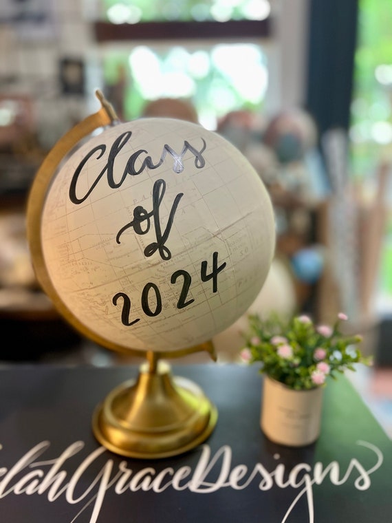 Custom Calligraphy GRADUATION Guestbook Globe / Choose Wording / White and Gold Globe /Whitewashed Options / Wedding Guestbook Nursery Globe