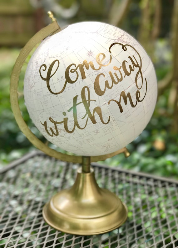 Wedding Guest Book Globe/WHITE WASHED w/Gold, Rose Gold or other color ink / custom calligraphy - Great for weddings or baby's nursery