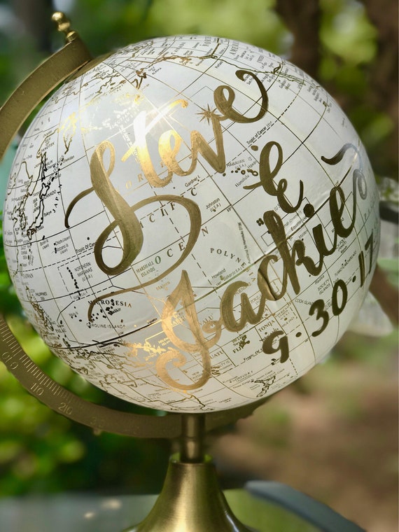 Custom Calligraphy Wedding Guestbook Globe / Choose Wording / White & Gold Calligraphy or Black Globe  / Wedding or Nursery Globe