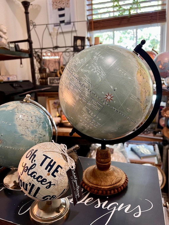 Custom Vintage Style Blue Green Calligraphy Globe wood beaded stand / Your Choice of Wording / Wedding Guestbook Globe/Nursery Globe