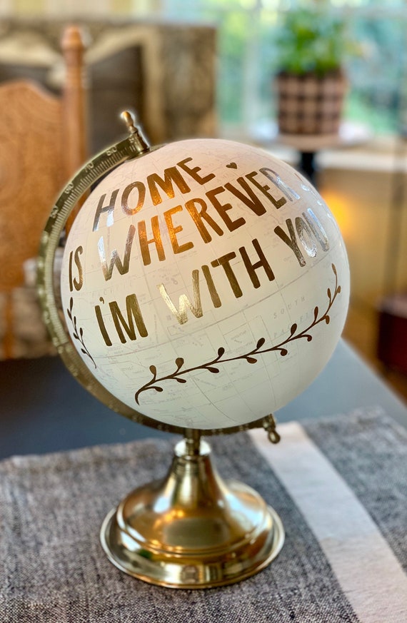 Wedding Guest Book Globe/WHITE WASHED w/Gold, Rose Gold or other color ink / custom calligraphy - Home is Wherever You Are / Other Wording