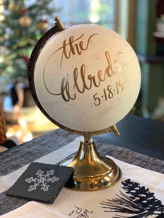 Custom Wedding Guestbook Calligraphy Globe / Choose Wording / White and Gold Globe or Whitewashed Options / Wedding Guestbook/Nursery Globe