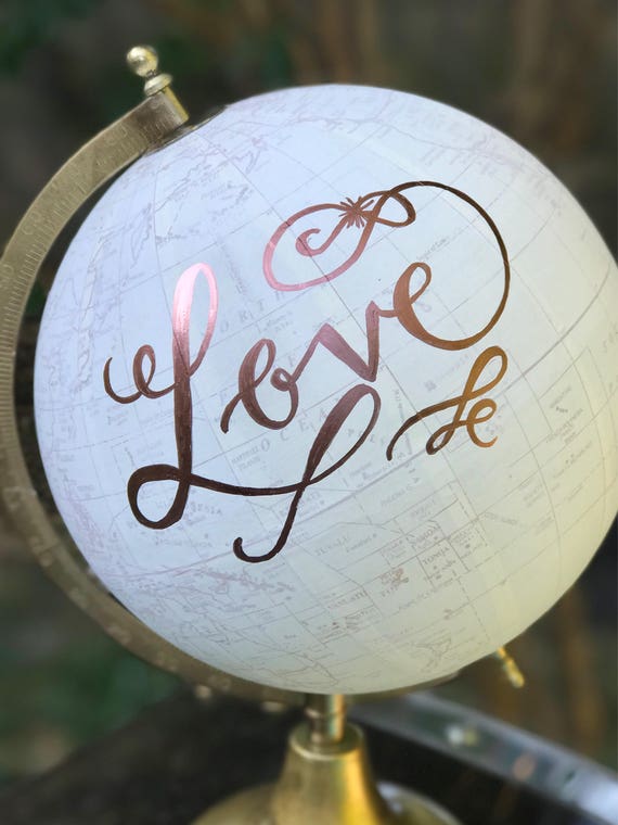 Wedding Guest Book Globe/WHITE WASHED w/Rose Gold or other color ink / custom calligraphy - Great for weddings or baby's nursery