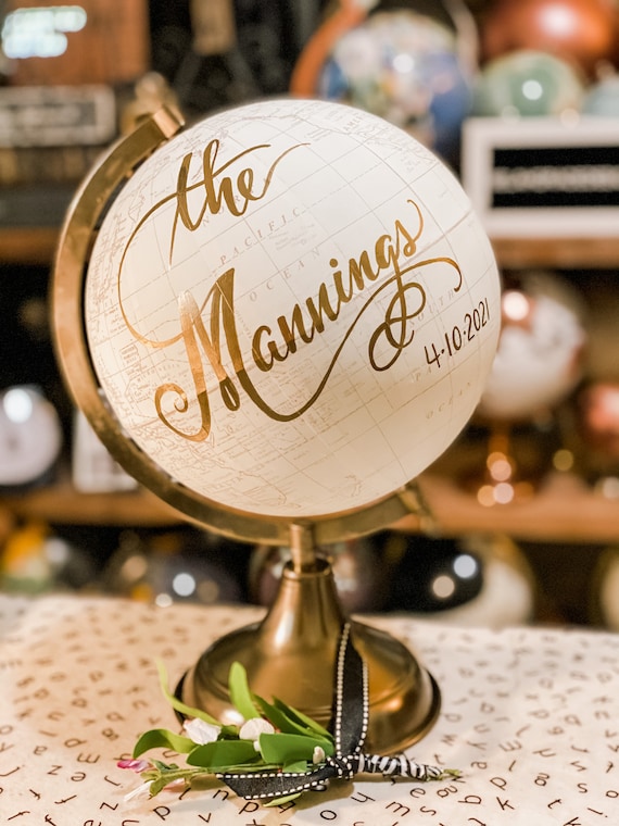 Custom Last Name Wedding Guestbook Globe / Calligraphy Guestbook Globe /  Choose Wording / White and Gold Globe or Whitewashed / Guest Globe