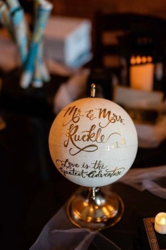 Custom Wedding Guestbook Calligraphy Globe / Choose Wording / Globe Finish in White and Gold Globe or Whitewashed  / Wedding Guestbook globe