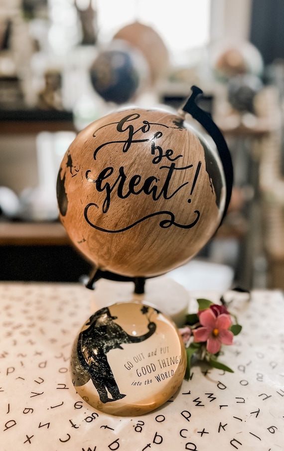 Natural wood tone and black small Globe w/marble base - Travel Theme Nursery/ Baby Shower / Graduation / choose ink