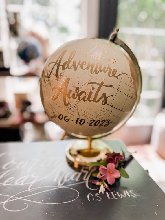 Custom White and Gold Calligraphy Globe w/shaded continents / Your Choice of Wording  / Wedding Guestbook Globe / Nursery / Guestbook Globe