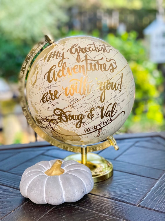 Custom White and Gold Calligraphy Globe w/shaded continents / Your Choice of Wording  / Wedding Guestbook Globe / Nursery / Guestbook Globe